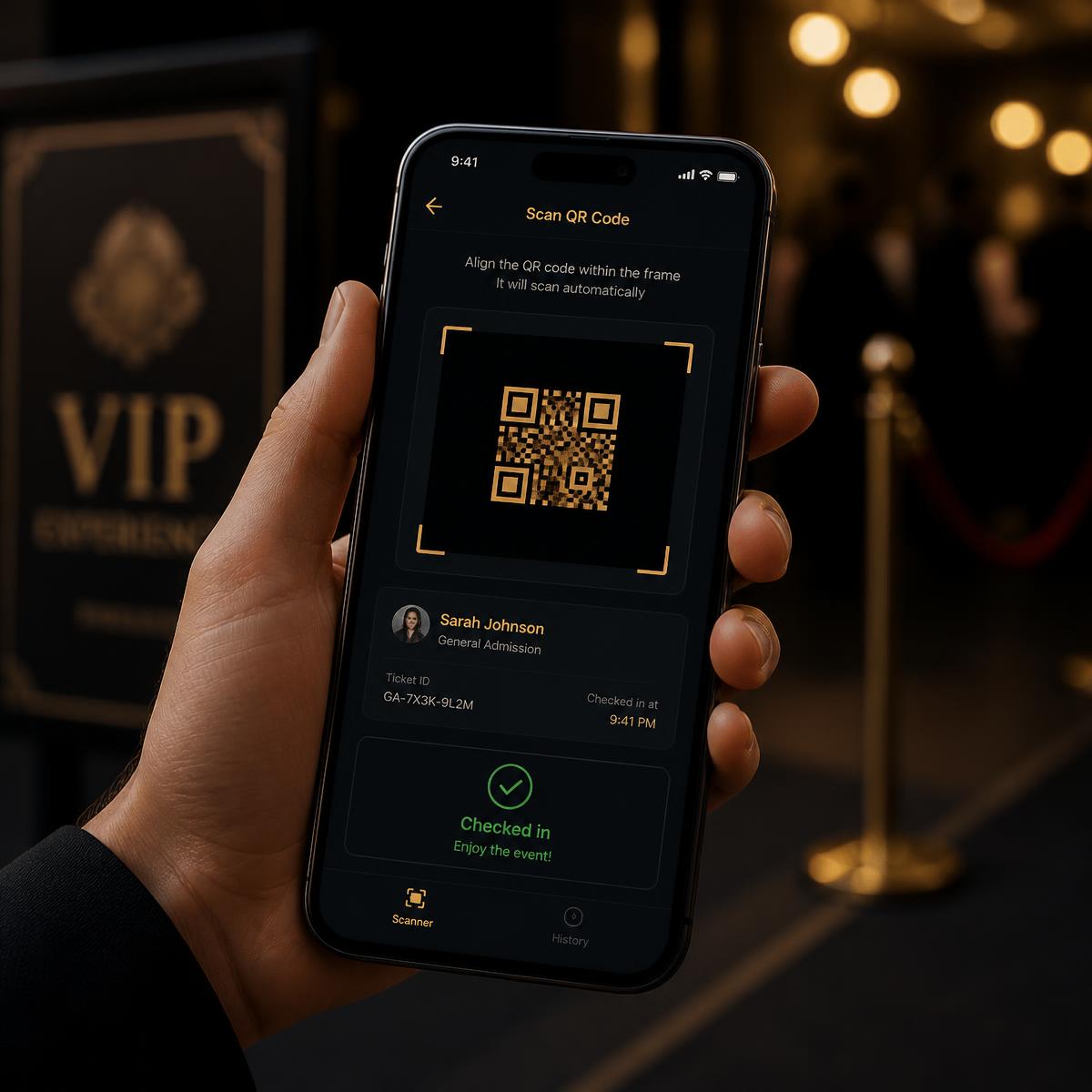 Phone scanning a guest QR code at an event entrance with a checked-in confirmation
